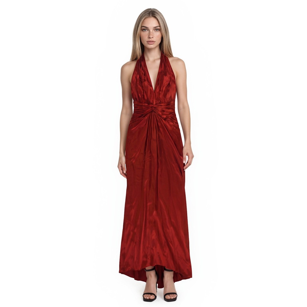 Tadashi Shoji 100% Silk Maxi Dress Women's Size 8 Hot Red Halter Formal Gown